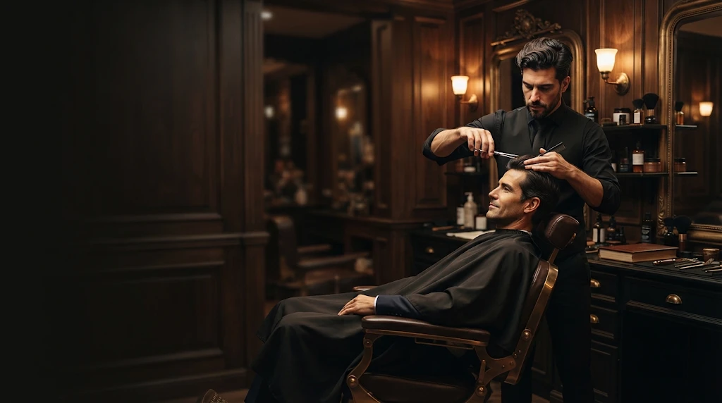 Interior de ClassicBarber, corte en curso